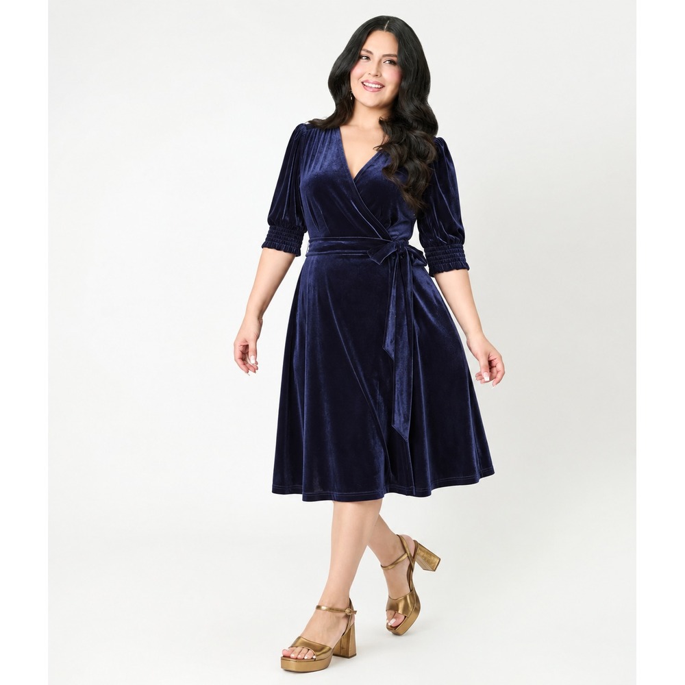 Modcloth Navy Blue Velvet Midi Dress 3X Wrap Style Holiday Cocktail Party Retro